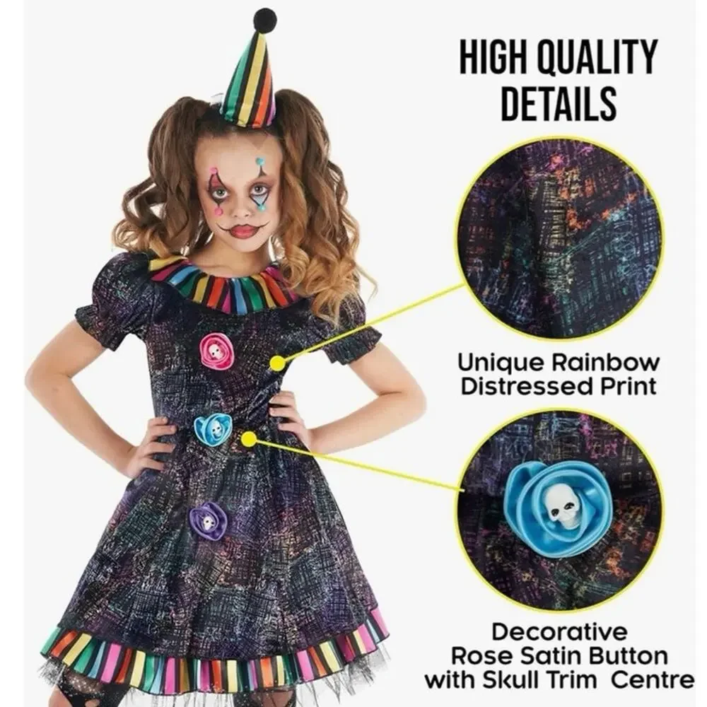 New black rainbow Morph Clown circus Costume Creepy Halloween girls large